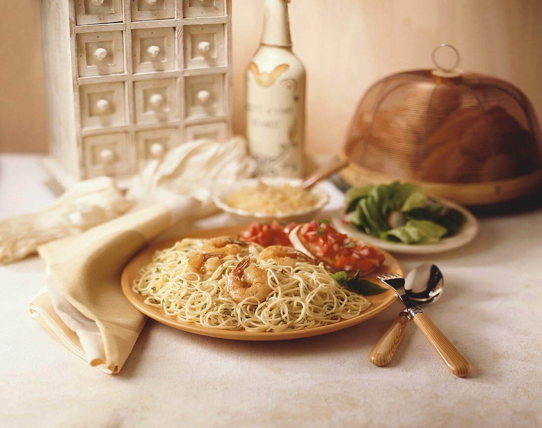 Angel hair pasta with shrimp, bruschetta