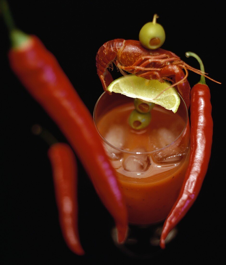 Cocktail with Crawfish, Limes, Olives and Chili Peppers