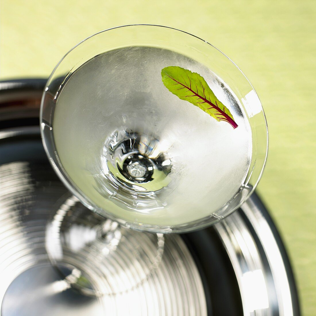 Overhead of Martini Garnished with a Leaf Served on Silver Tray