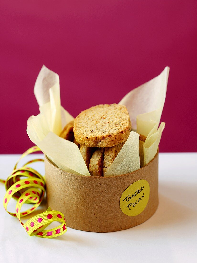 Toasted Pecan Cookies in a Gift Box with Ribbon