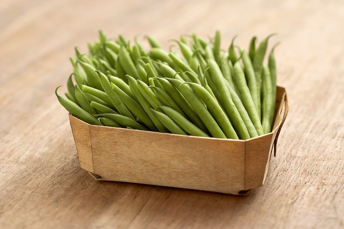 Basket of Green String Beans on Wood
