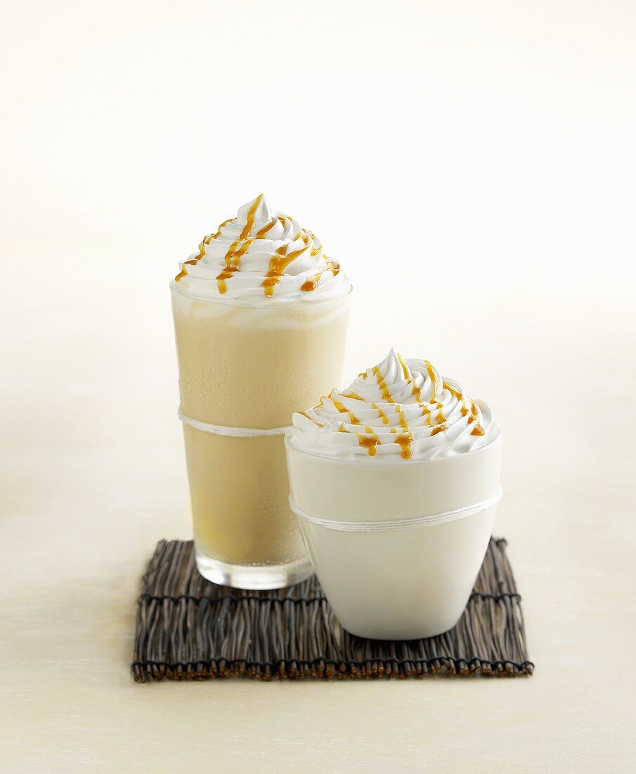 Iced White Chocolate and Iced Coffee Topped with Whipped Cream and Caramel