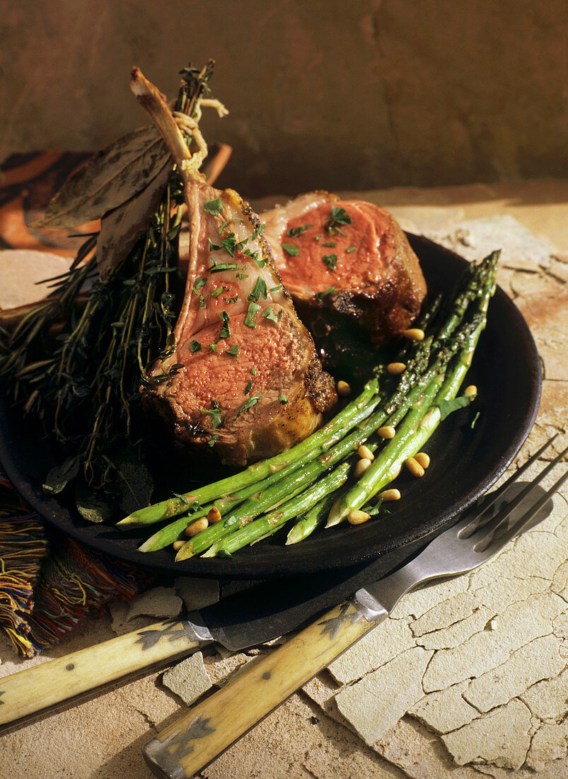 Lamb Chops with Herb Bouquet and Roasted Asparagus with Pine Nuts