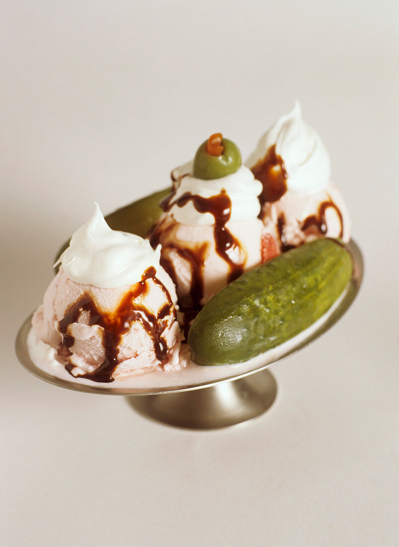 Ice Cream Sundae with Pickles and Olives In Place of Bananas and Cherries