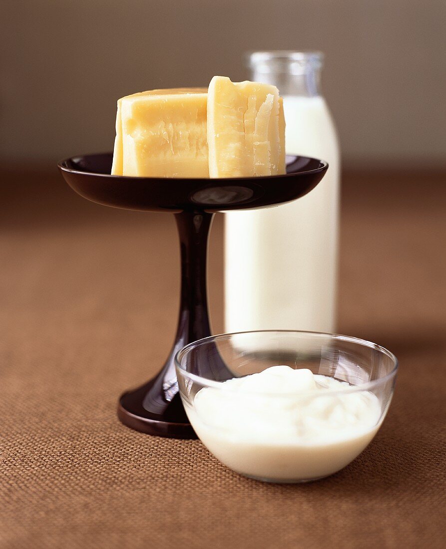 Dairy Still Life; Cheese, Bowl of Yogurt and Bottle of Milk