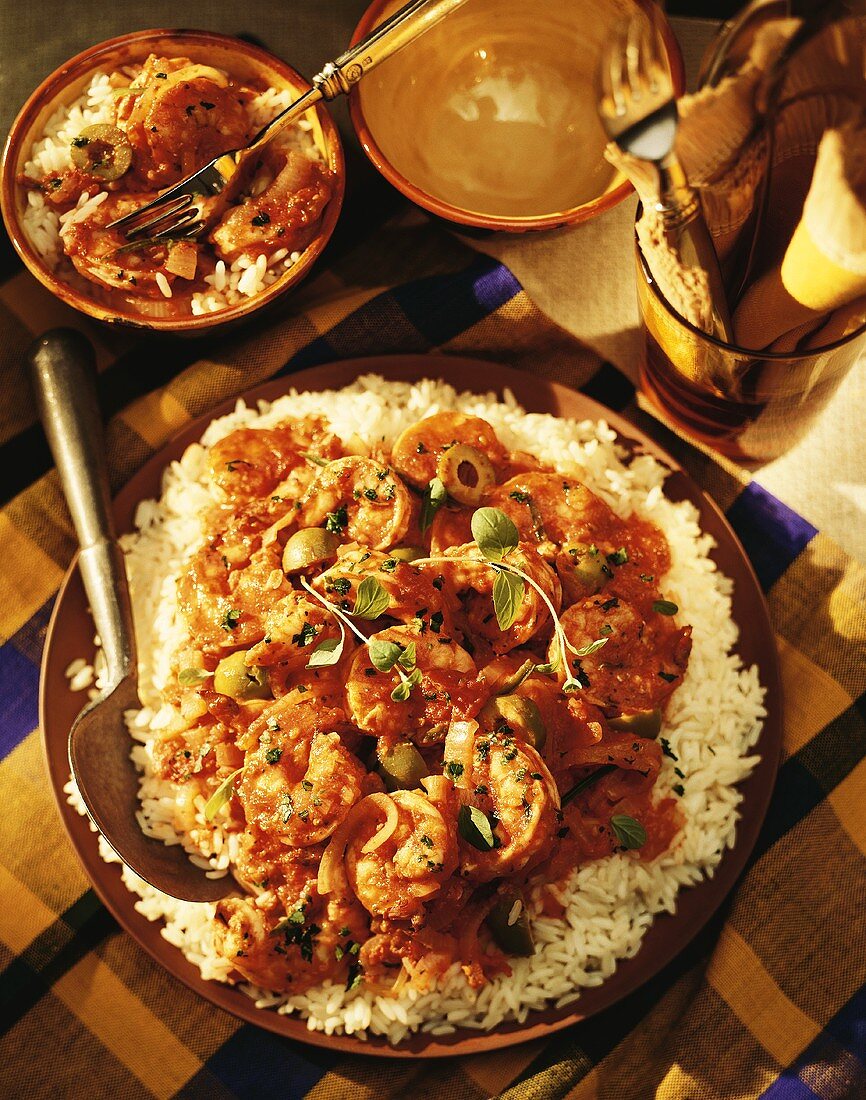 Shrimp Creole Over White Rice in a Serving Bowl; Single Serving of Shrimp Creole over Rice