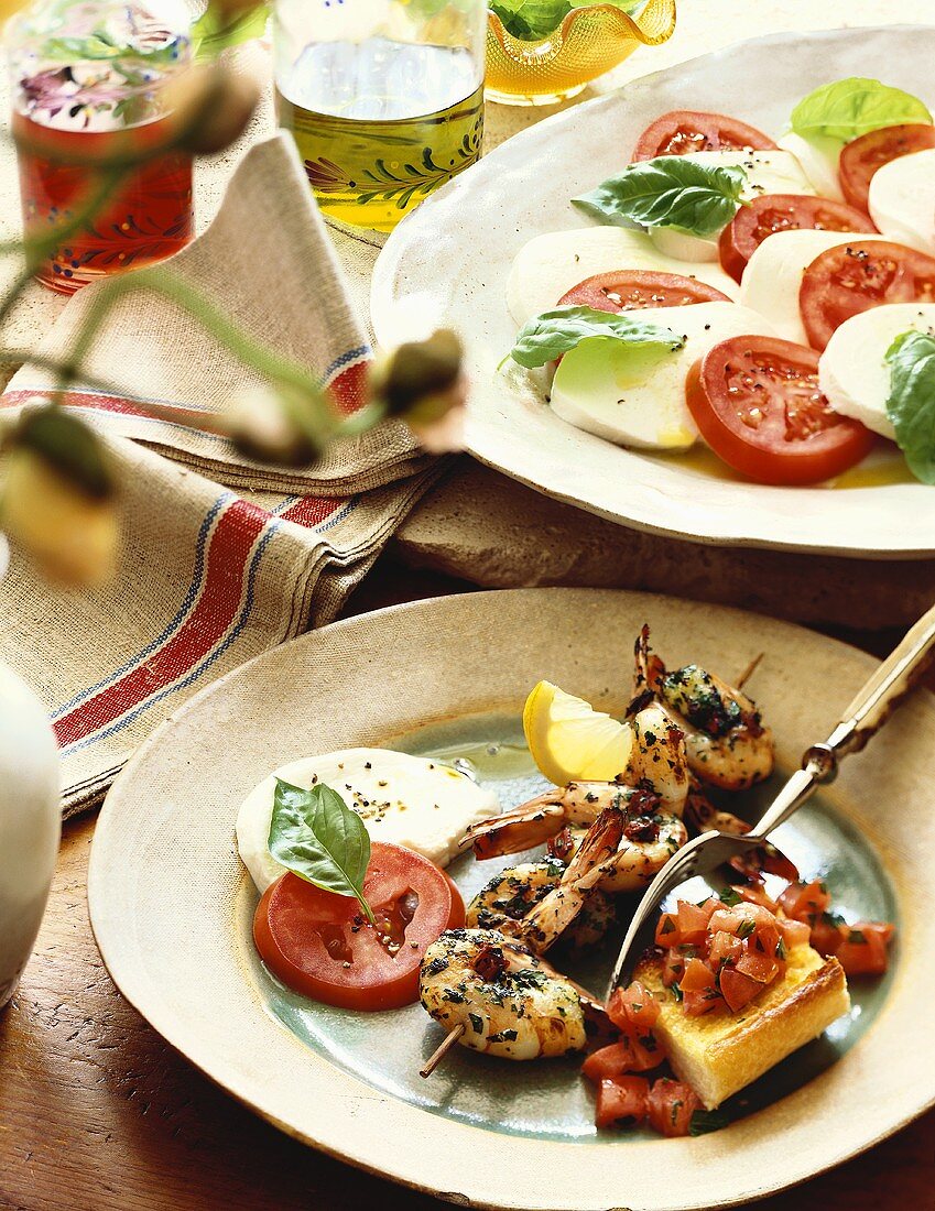 Skewered Grilled Shrimp with Polenta and Tomato, Mozzarella and Basil Salad
