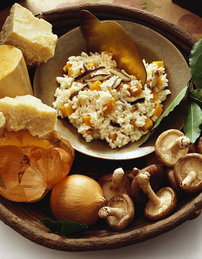 Bowl of Risotto with Butternut Squash and Mushrooms; Fresh Ingredients