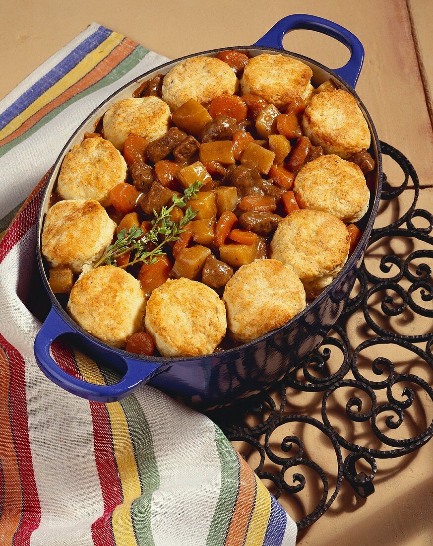 Beef Pot Pie with Biscuit Topping in Stew Pot on Cooling Rack