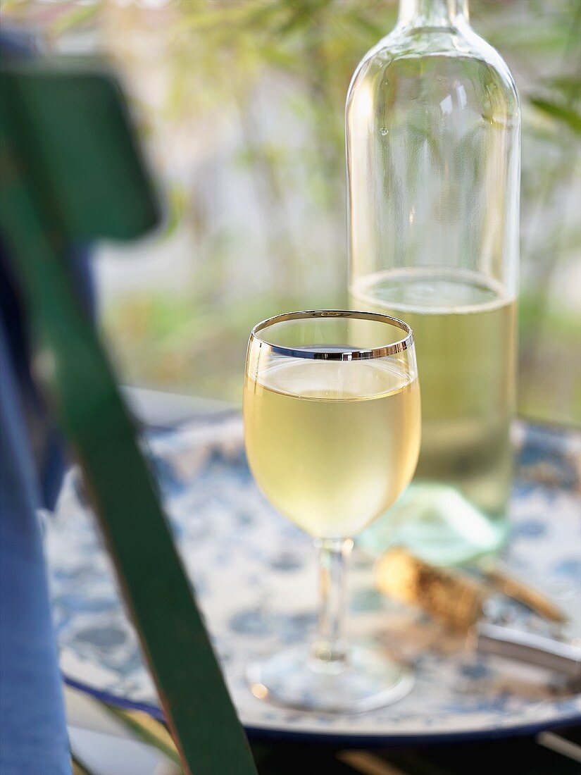 Glas Weißwein und Flasche auf Tablett im Freien