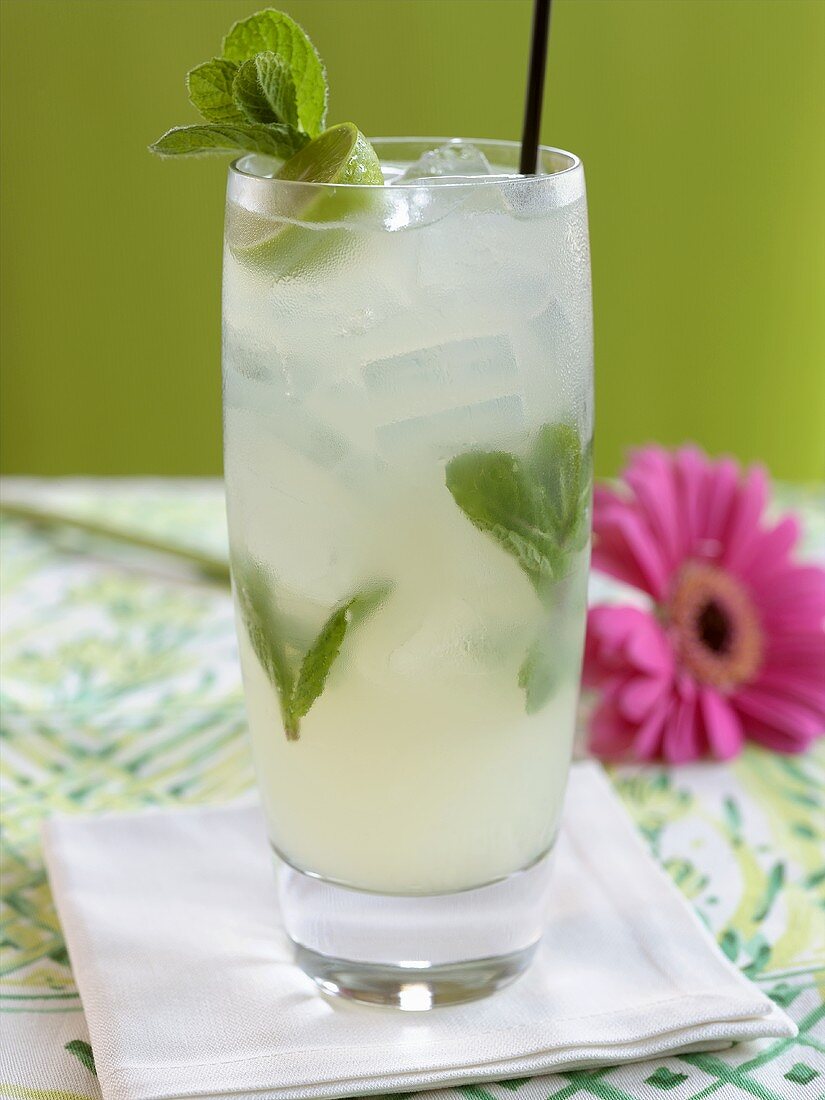 Cold Mojito with Straw on White Napkin; Pink Gerber Daisy