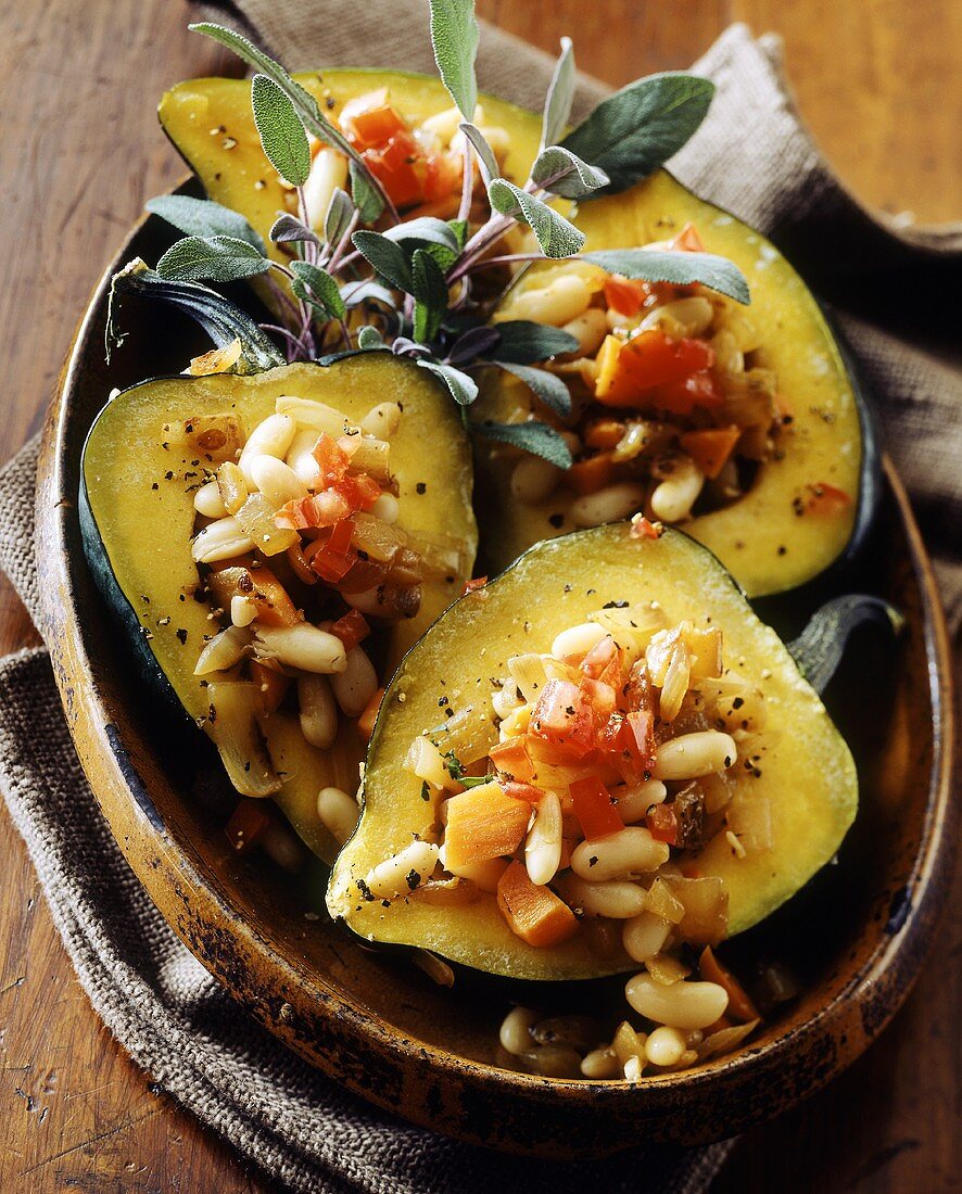 Stuffed acorn squashes with white beans in stuffing
