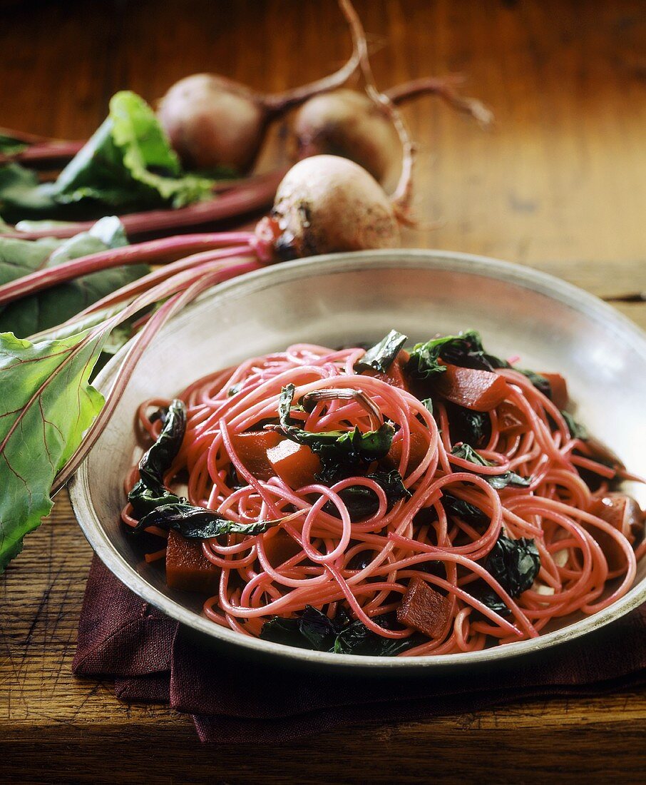 Spaghetti with beetroot and chard