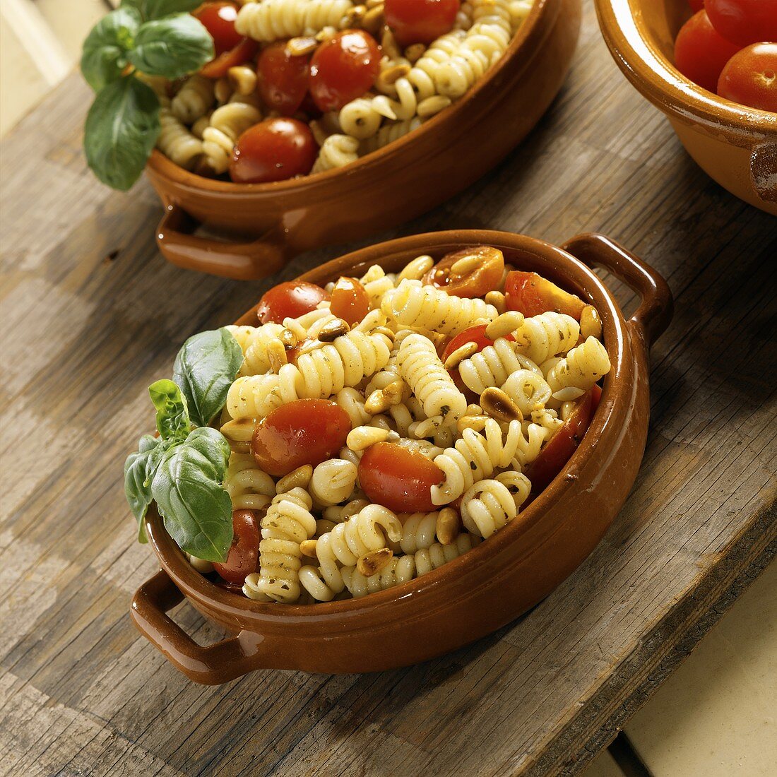 Pasta Salad with Pesto and Grape Tomatoes, Basil Garnish