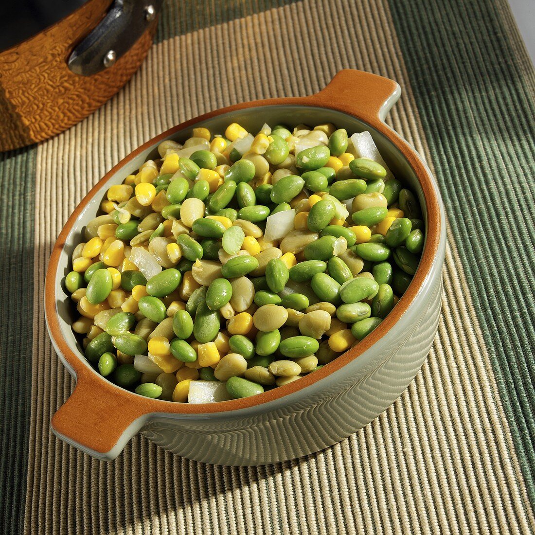 Succotash with Edamame, Lima Beans, Corn and Onion in a Pot