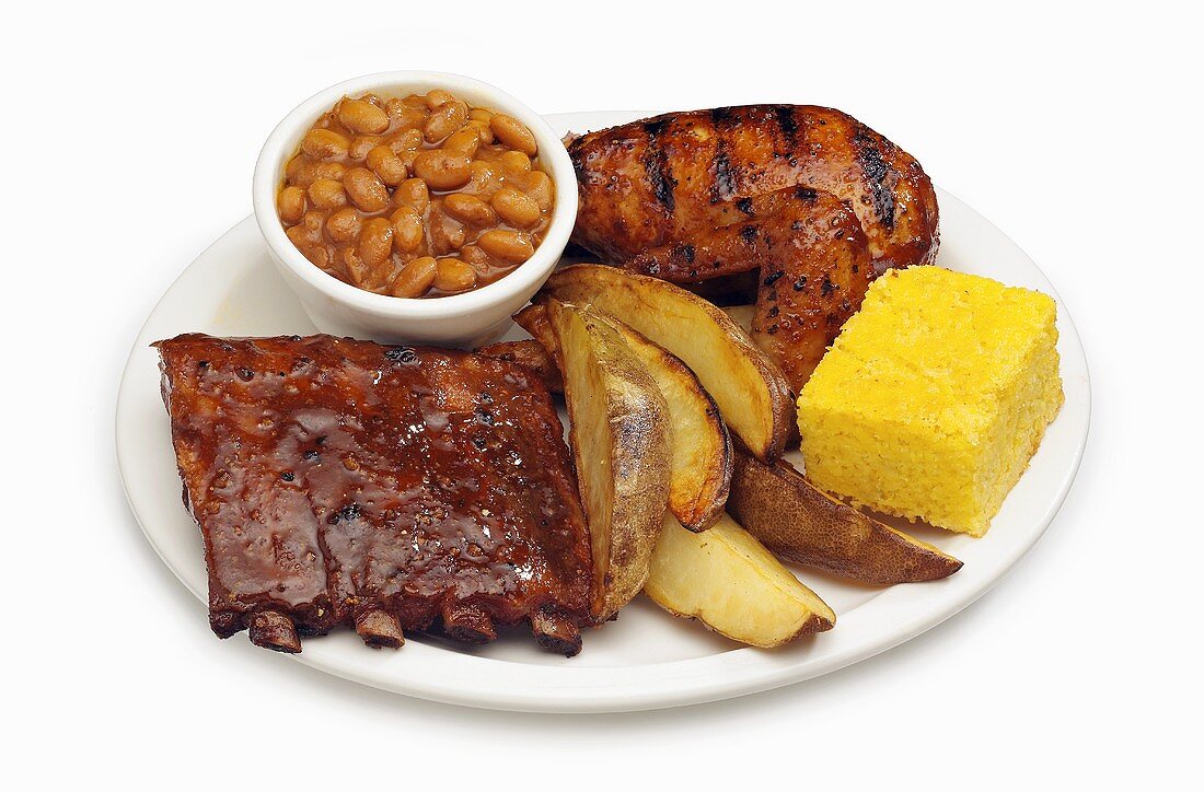 Barbecue Combo Dinner, Spare Ribs, Chicken, Fries, Corn Bread and Baked Beans