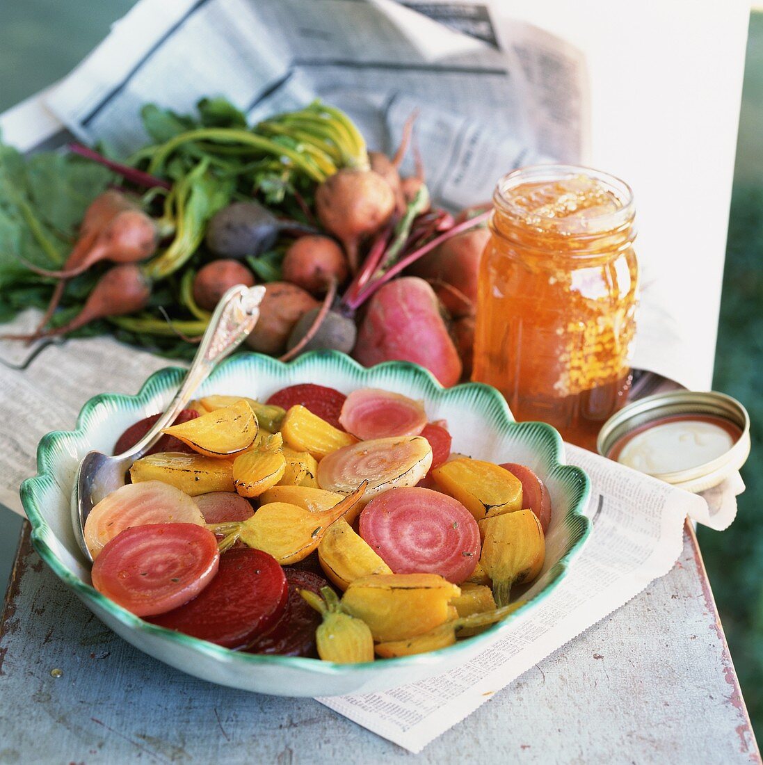 Yellow and red beetroot with honey
