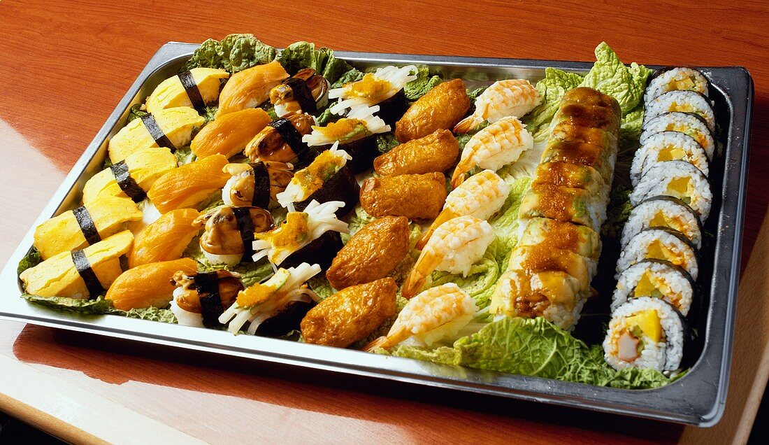 Assorted Sushi on a Platter for a Buffet