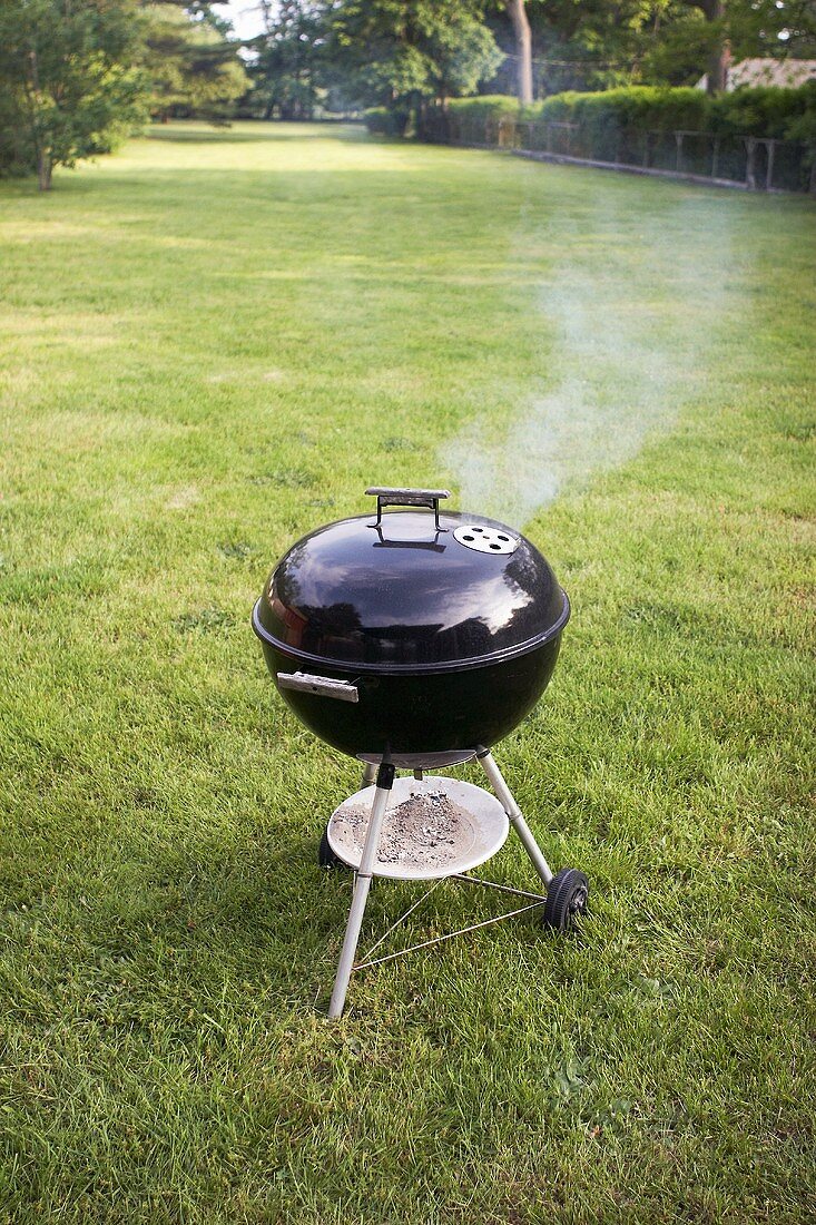 Charcoal Grill with Smoke Coming Out if the Lid Outside on the Lawn