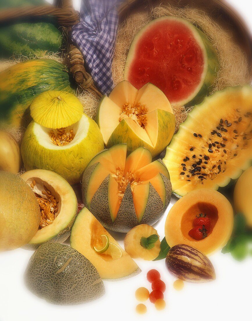 Stillleben mit verschiedenen Melonensorten