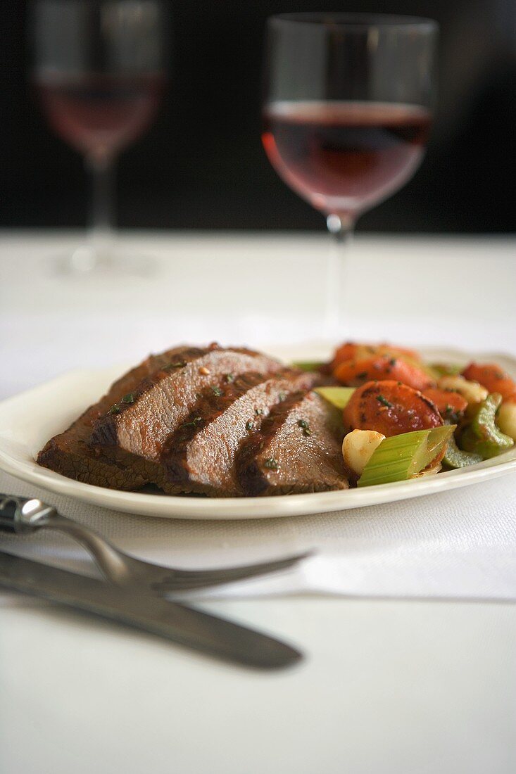 Sliced Pot Roast with Mixed Vegetables and Red Wine