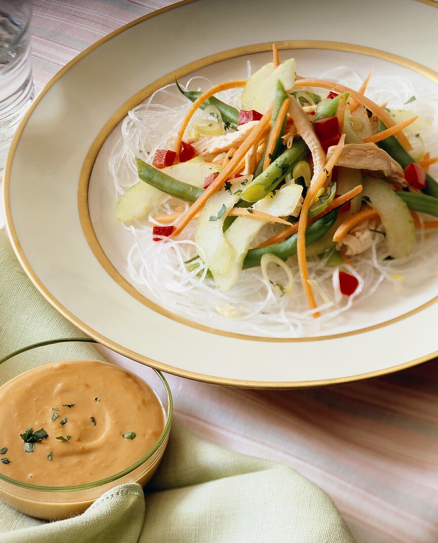 Shredded Chicken and Vegetables Over Rice Noodles, Peanut Sauce