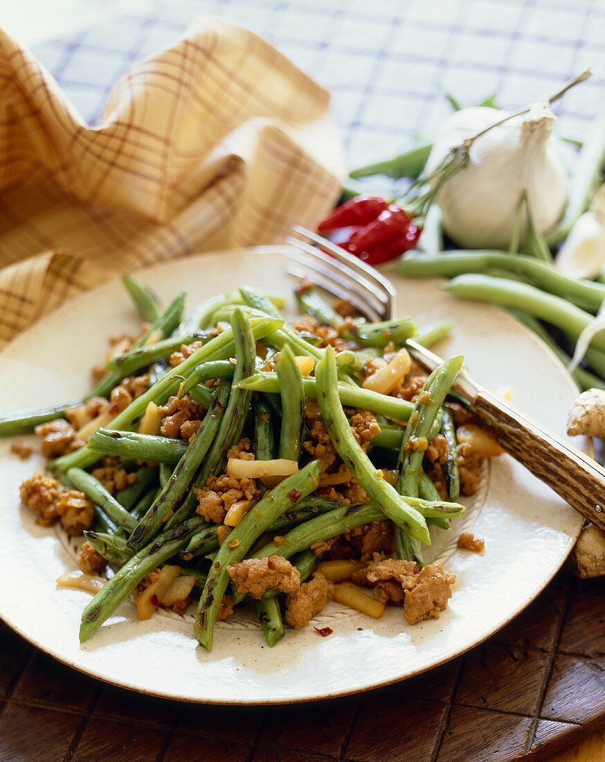 Green Bean and Ground Chicken Salad on a White Plate with a Fork