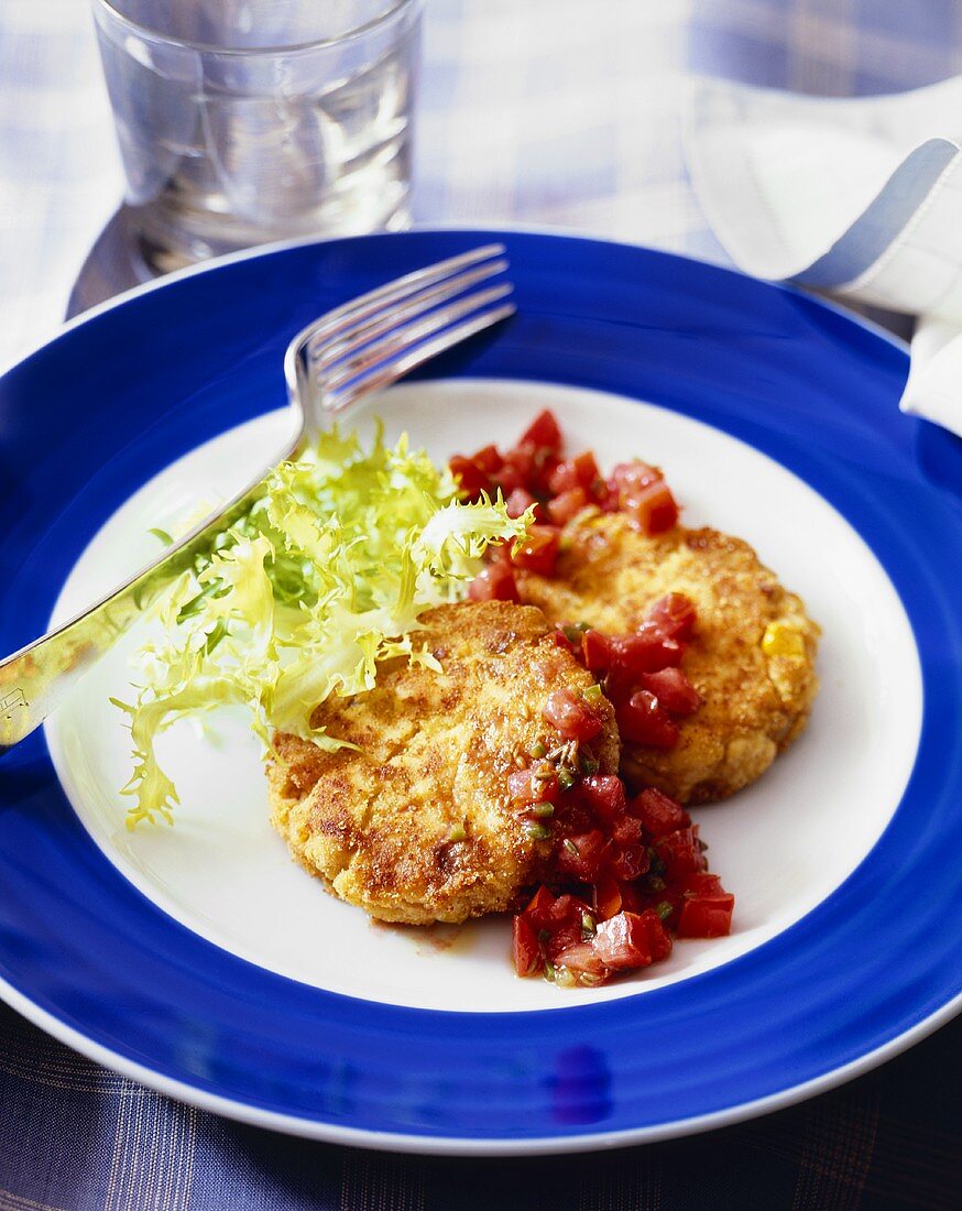 Two Crab Cakes with Fresh Salsa on a Plate with Fork; Glass of Water
