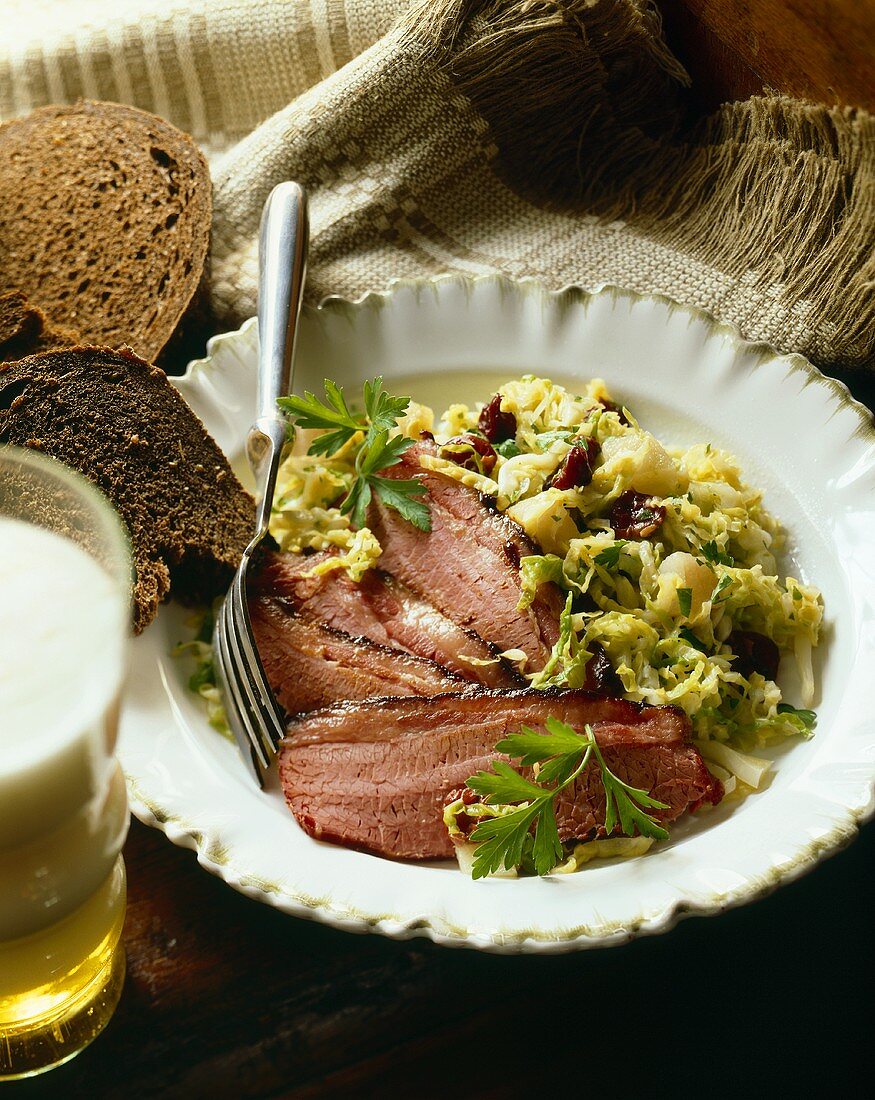 Corned Beef and Cabbage with Brown Bread and Beer