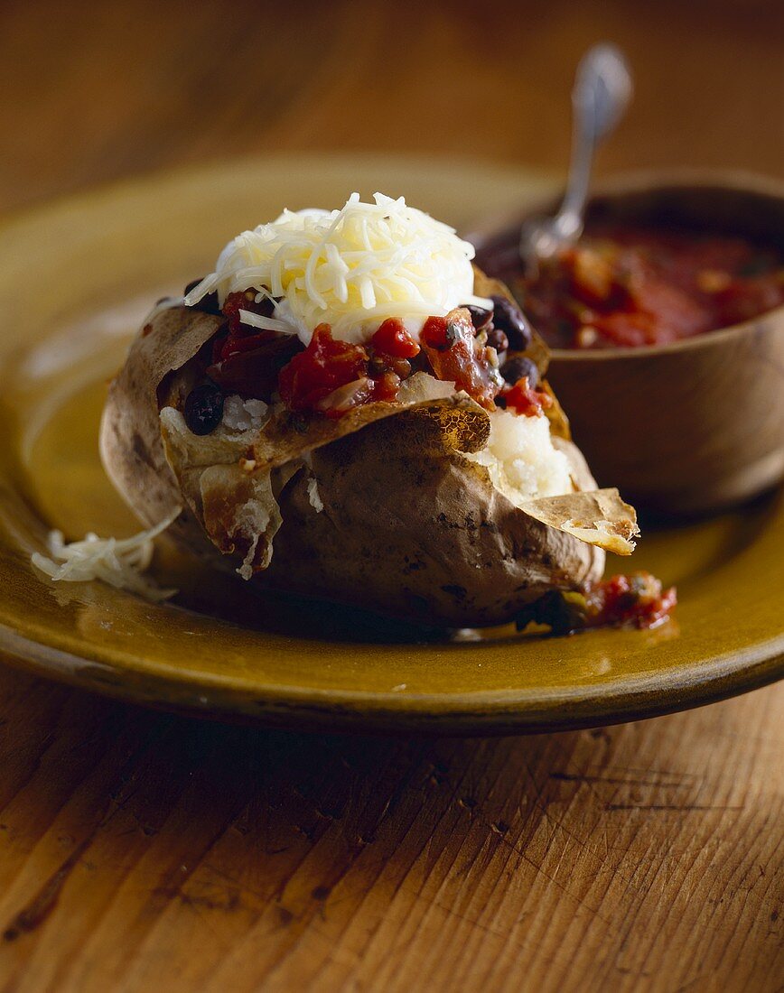 Baked Potato Topped with Black Beans, Salsa and Shredded Cheese