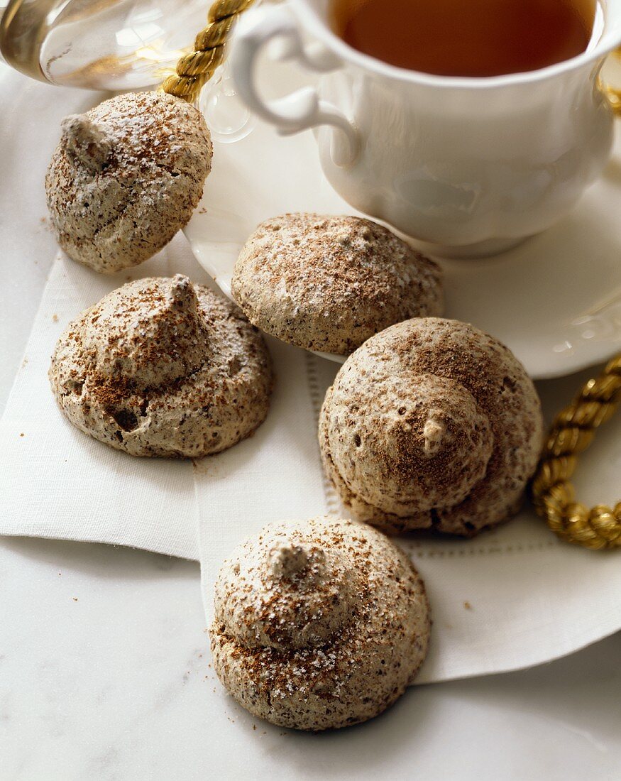 Mocha Meringue Cookies with a Cup of Tea