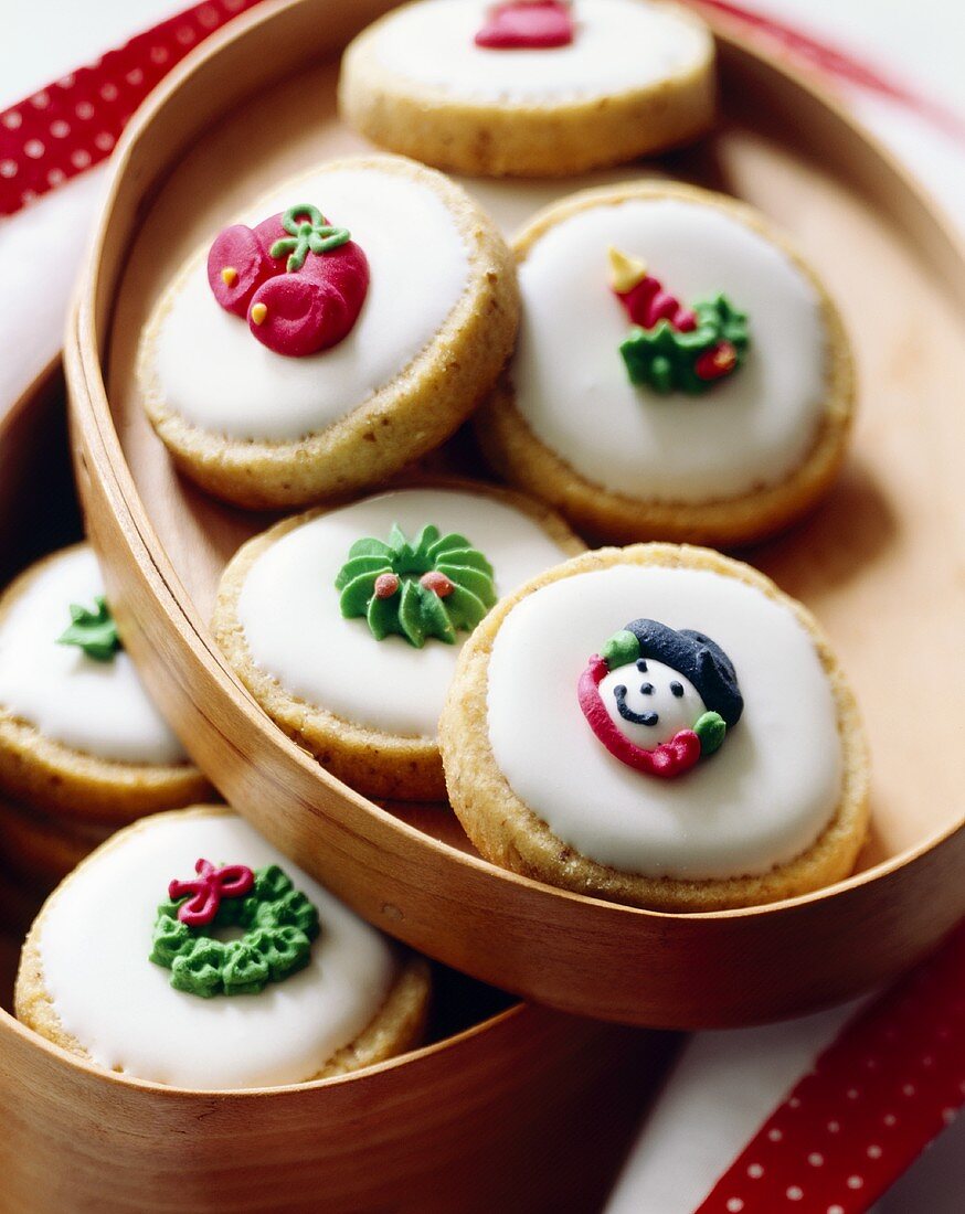 Decorated Holiday Cookies in Wooden Container