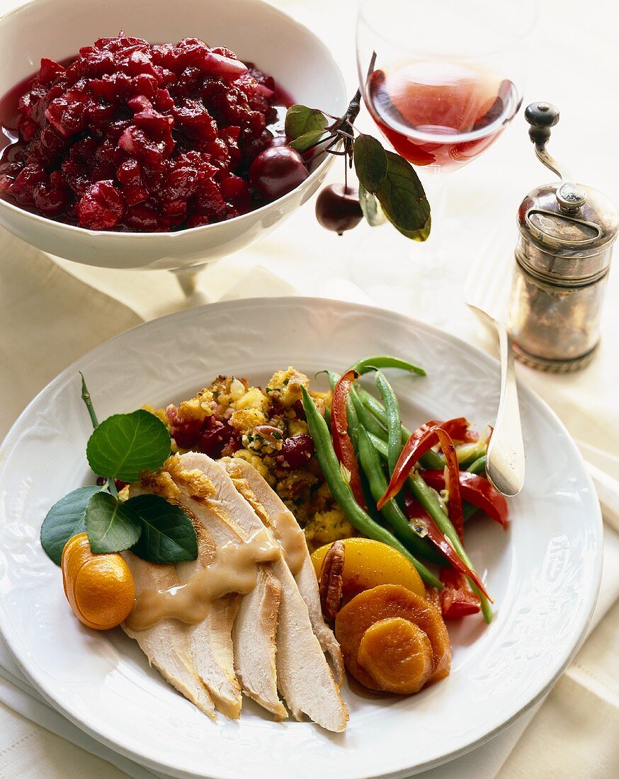 Roast Turkey Dinner Plate; Cranberry Sauce and Glass of Wine