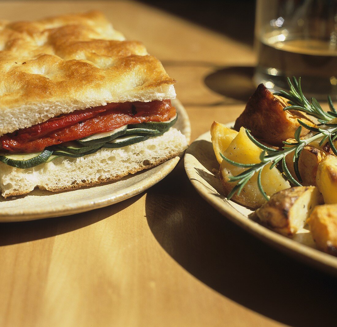 Vegetable Focaccia Sandwich; Roast Potatoes