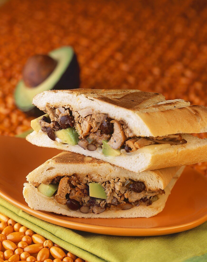 Chicken, Black Bean and Avocado Sandwich; Halved and Stacked 