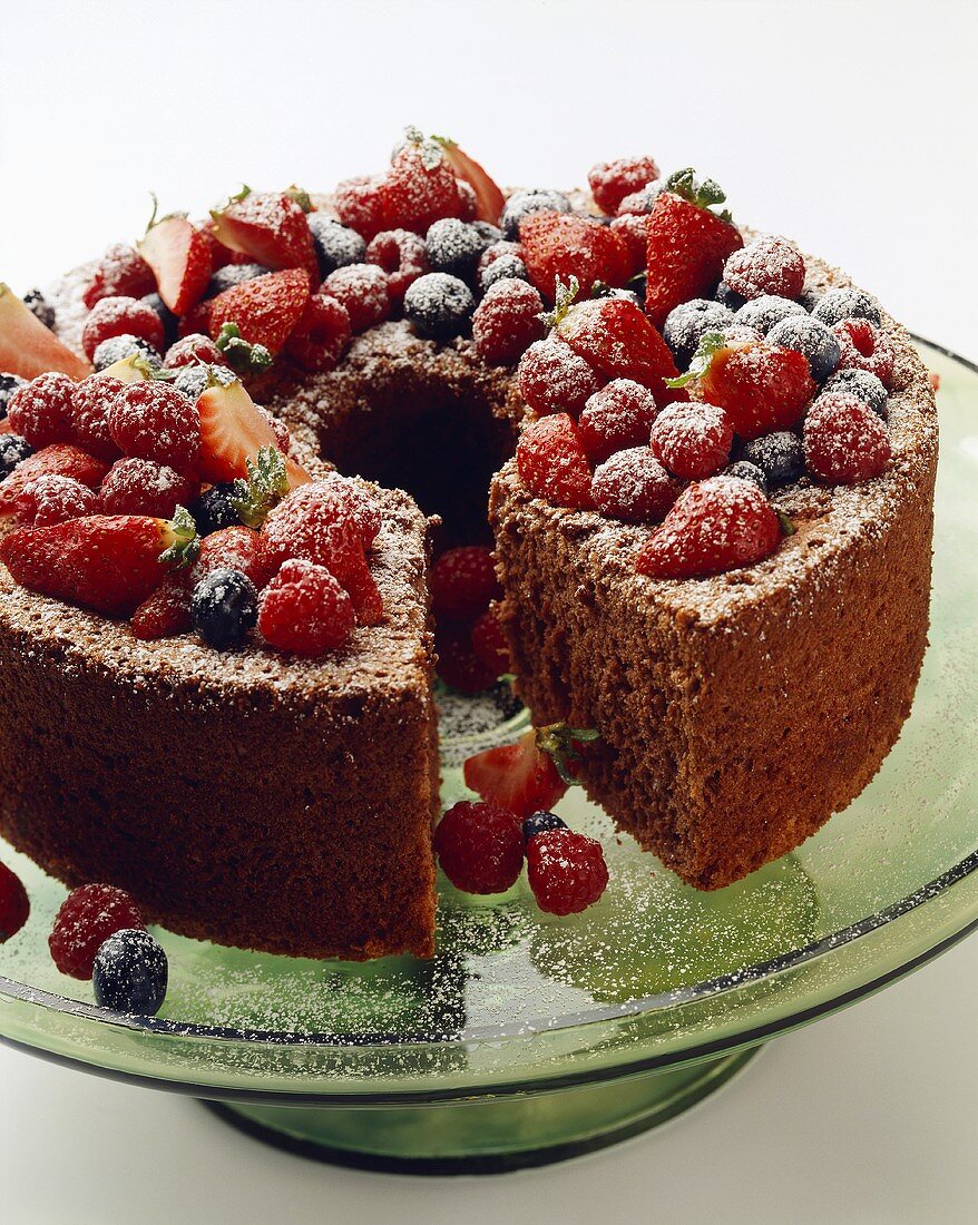 Chocolate Bundt Cake with Fruit and Powdered Sugar