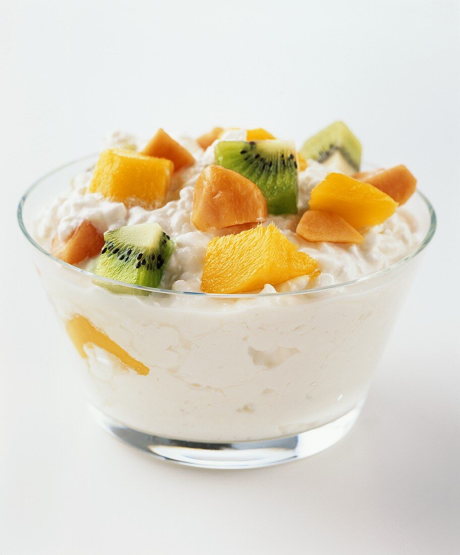 Bowl of Cottage Cheese with Mango and Kiwi