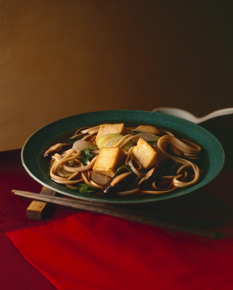 Bowl of Asian Soup with Tofu and Noodles; Chopsticks