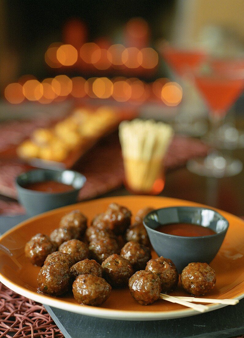 Meatball Appetizers with Toothpicks and Dipping Sauce