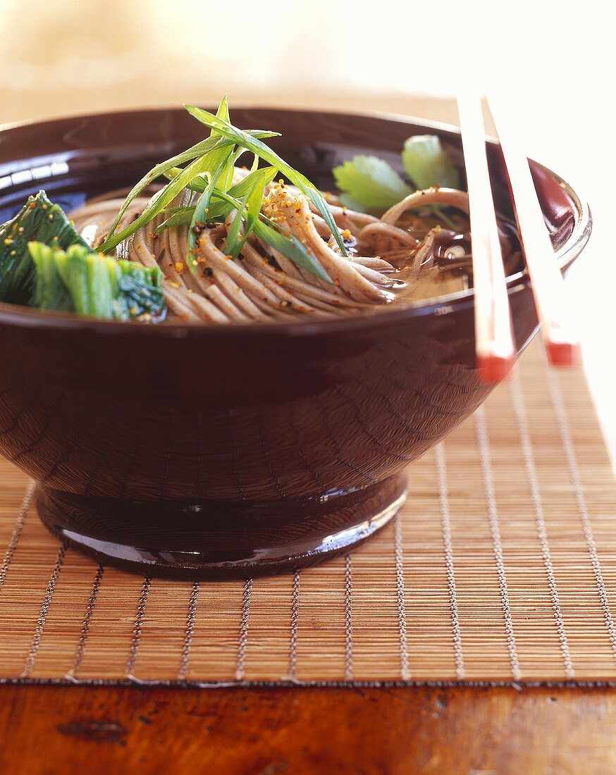 Bowl of Soba Noodle Soup with Green Onions; Chopsticks