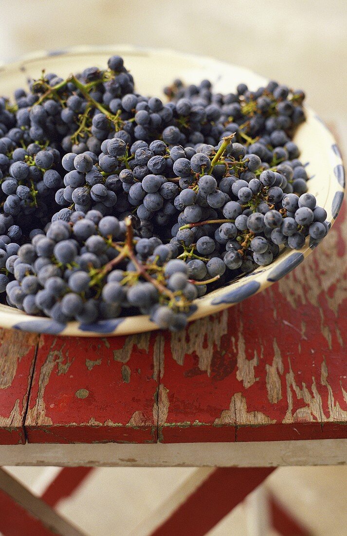 Bowl of Wine Grapes on Old Picnic Table
