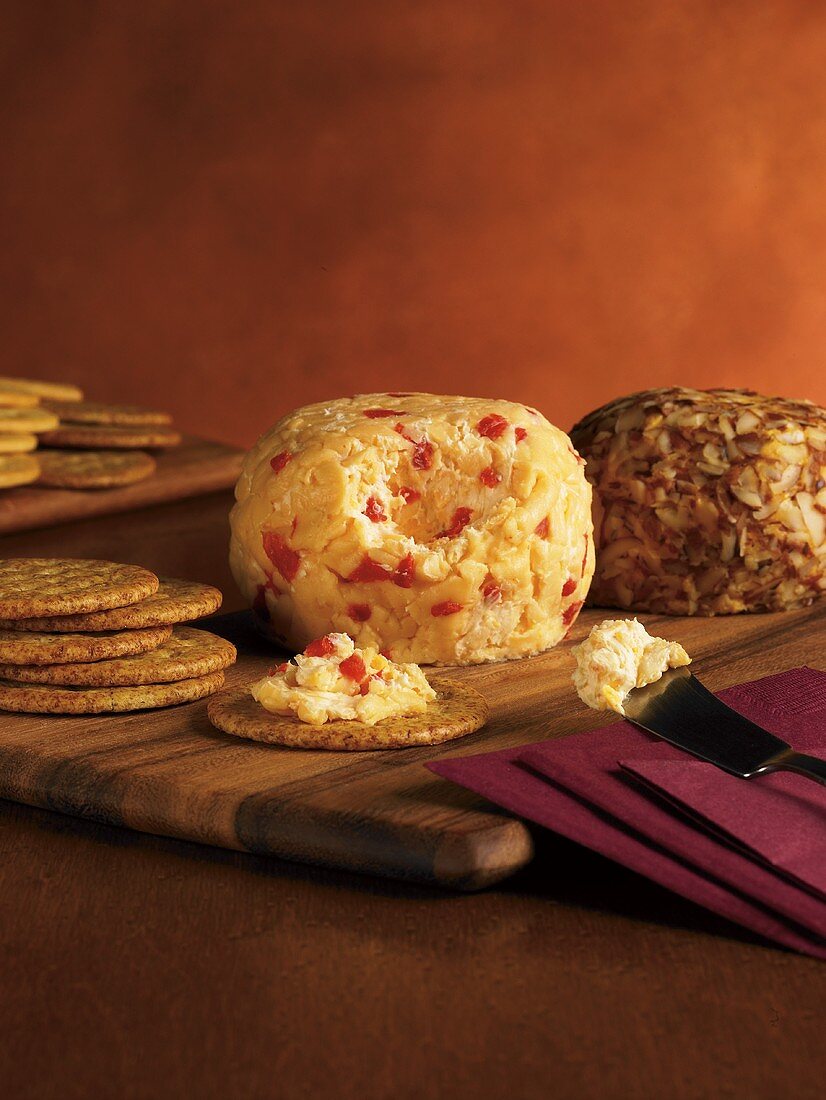 Pimento Cheese Ball; Crackers and Knife; Cheese on Cracker