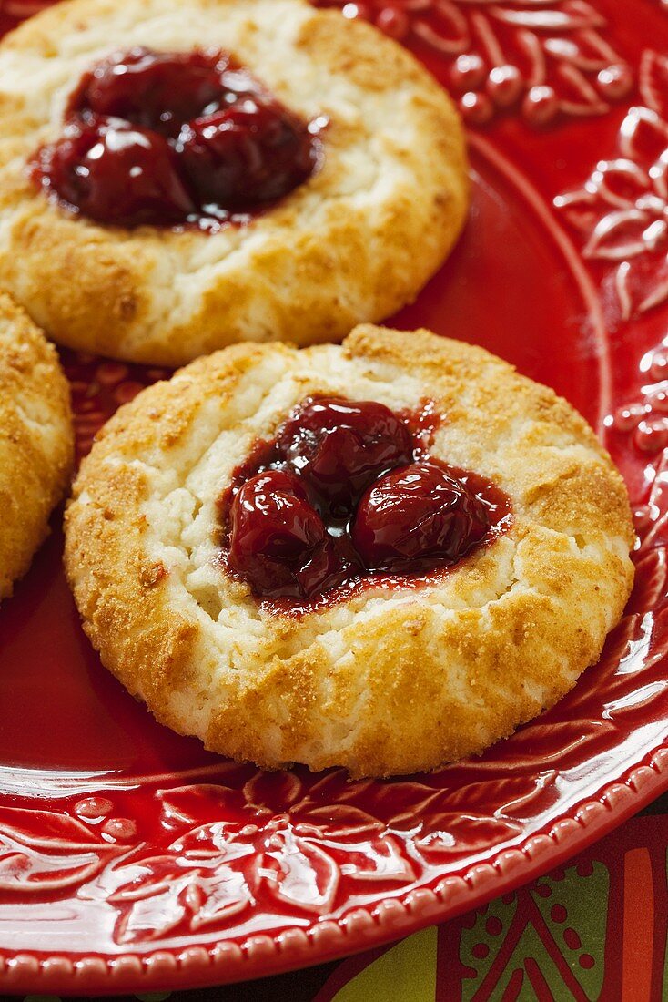 Cherry Cheesecake Cookies on a Red Plate