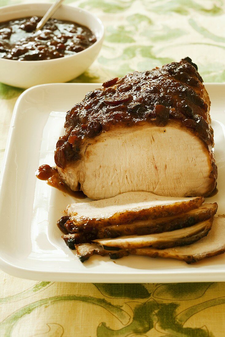 Partially Slice Pork Roast with Cranberry Glaze; On Platter