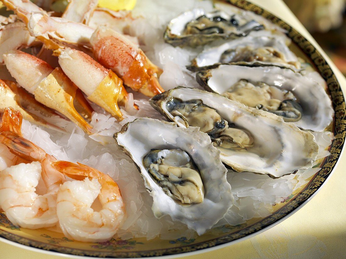 Seafood Platter on Ice; Shrimp, Oysters and Crab