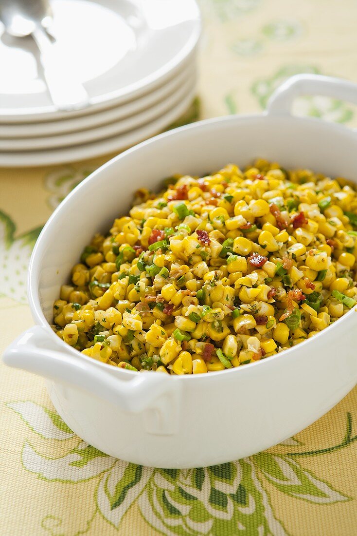 Sauteed Corn Side Dish with Bacon, Bell Pepper and Scallions