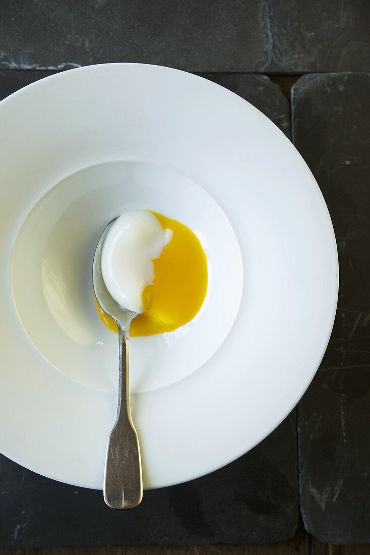 Organic Soft Boiled Egg in a White Bowl with Spoon