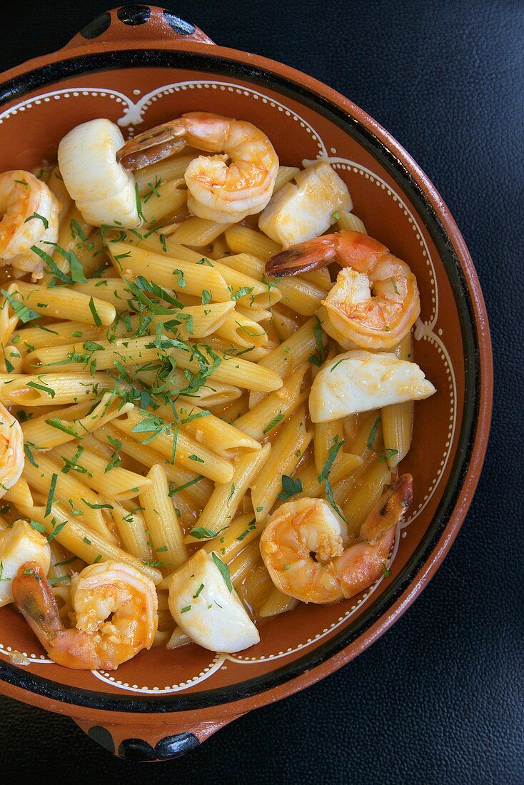 Penne with Shrimp and Scallops in Cachsca Sauce (Brazilian Fermented Sugar Cane Liquor)