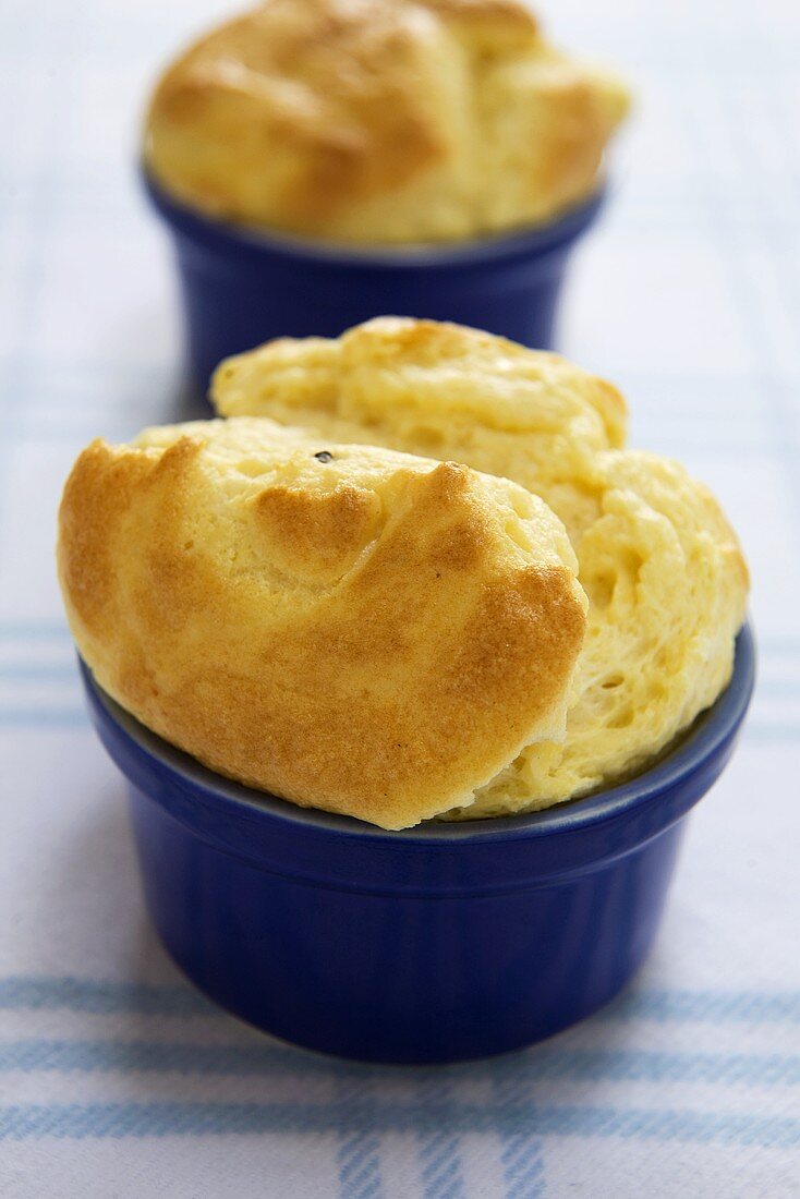 Individual Cheese Souffles in Blue Ramekins