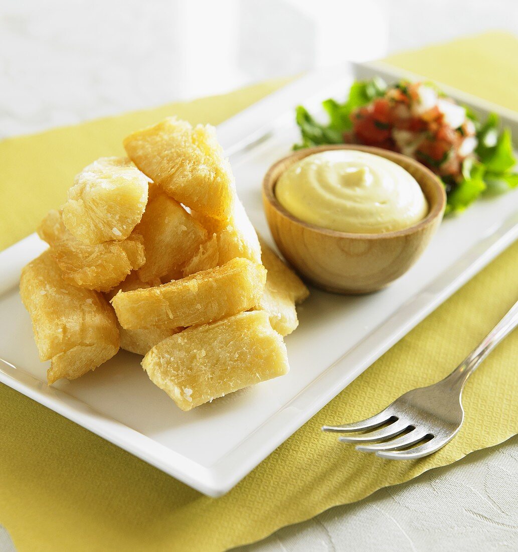 Fried Yucca with Dip and Salsa